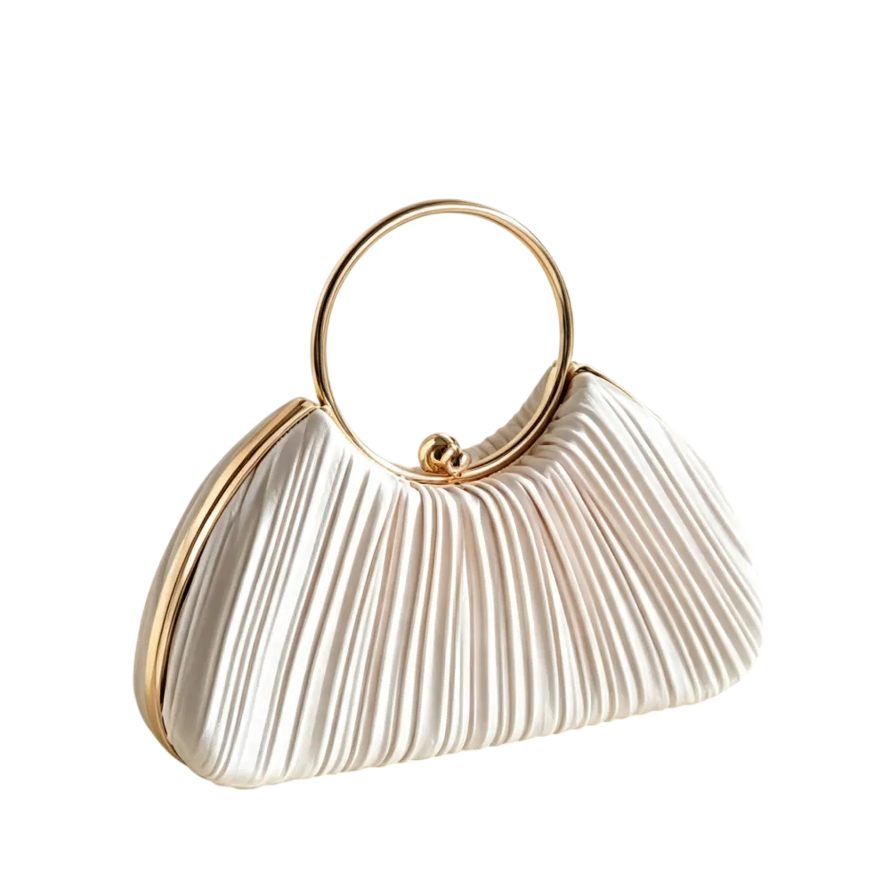 Beige pleated ring handle bag