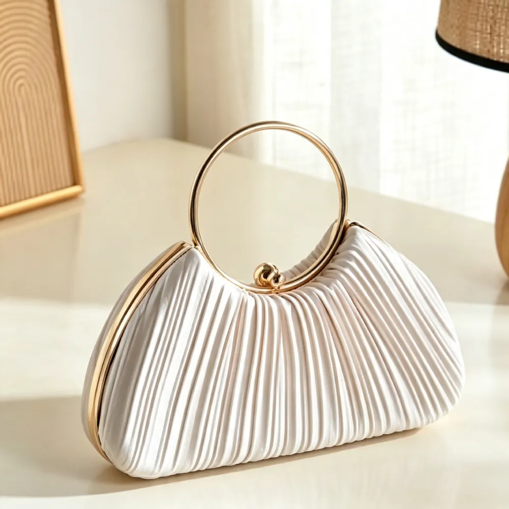 Beige pleated handbag with round ring handle