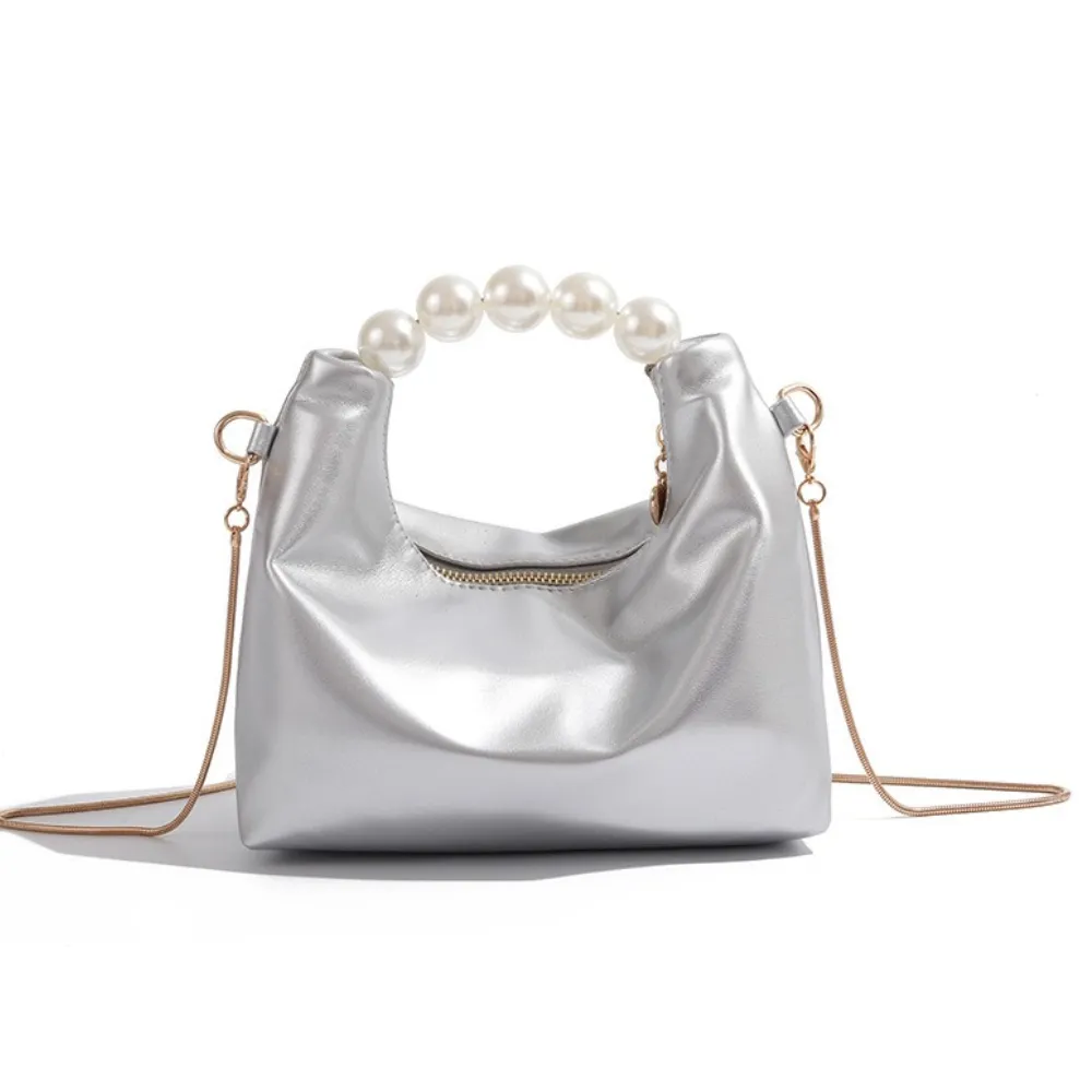 Crodar silver handbag for women with pearl handle and shoulder strap