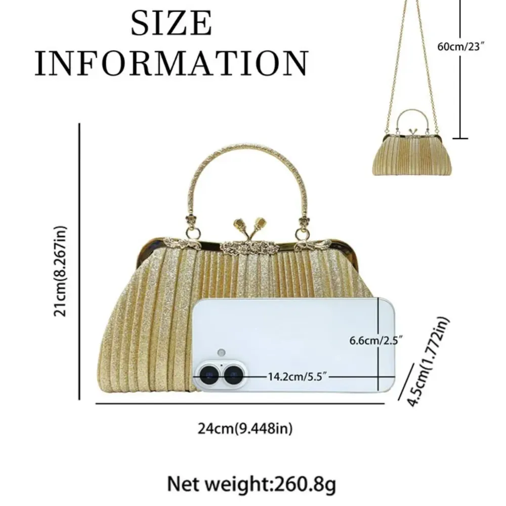 Women's shimmering handbag size and dimensions