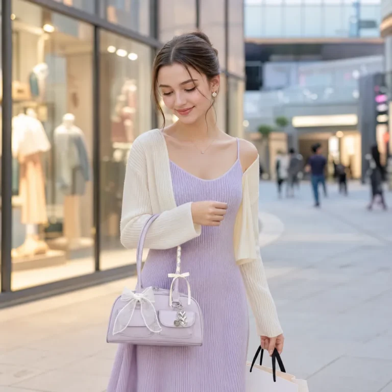 Woman wearing a shoulder bag while shopping