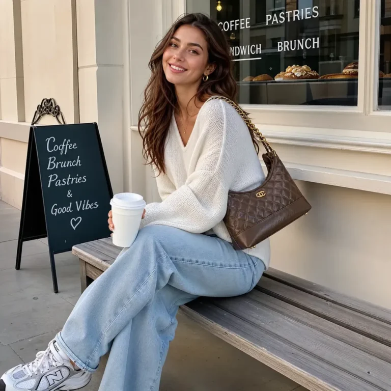 Woman wearing a brown shoulder bag