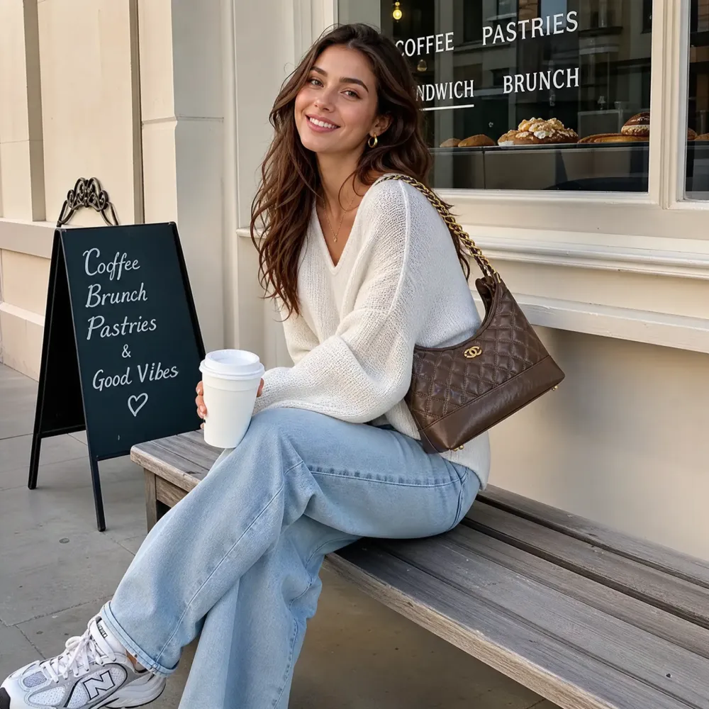 Woman wearing a brown shoulder bag