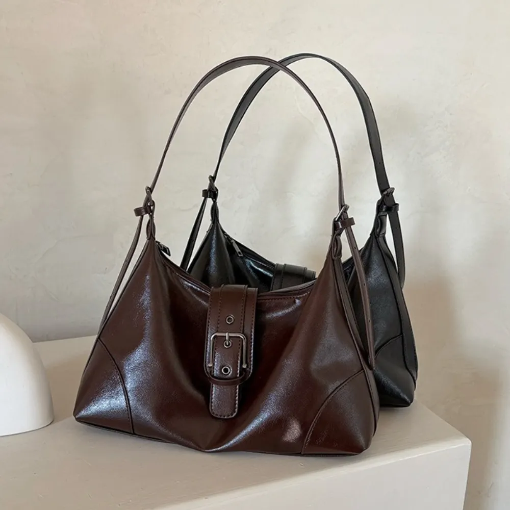 Soft PU leather brown shoulder bag with buckle detail