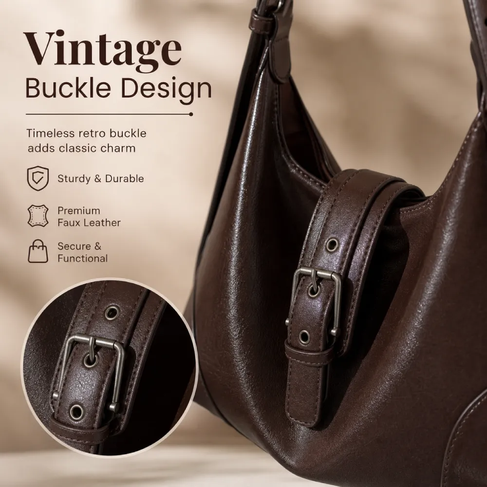 Vintage brown shoulder bag with adjustable leather buckle strap
