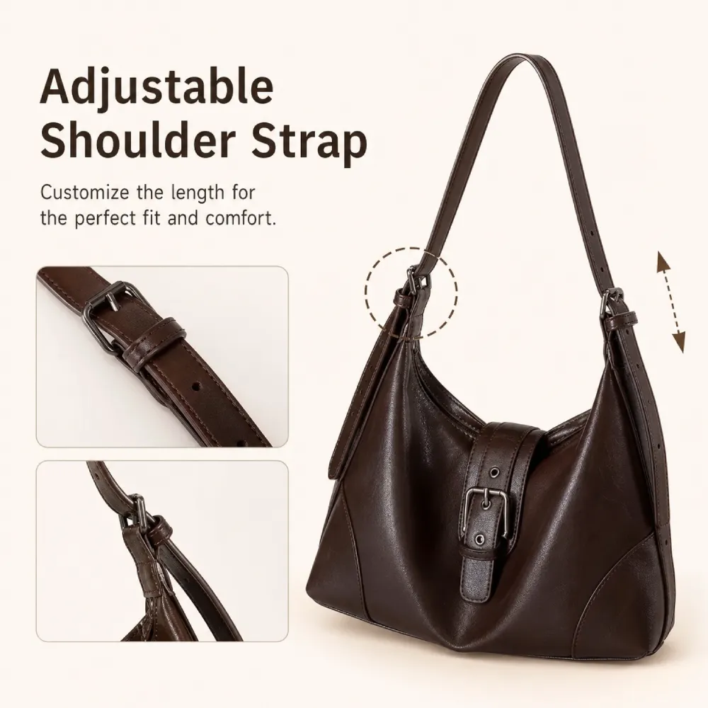 Brown leather shoulder bag for women with adjustable strap