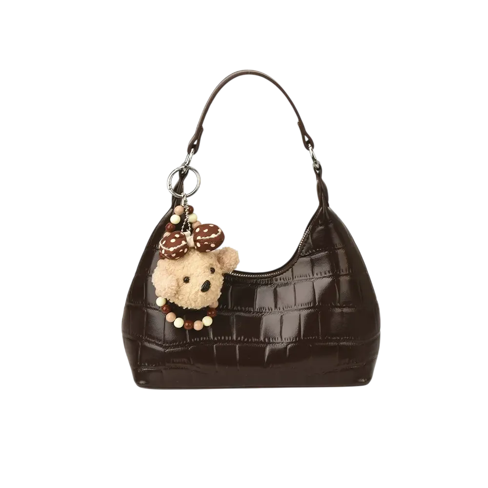 Brown vintage handbag for women with teddy bear charm