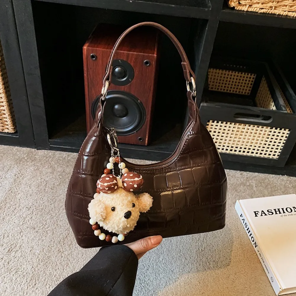 Brown retro handbag for women with teddy bear charm