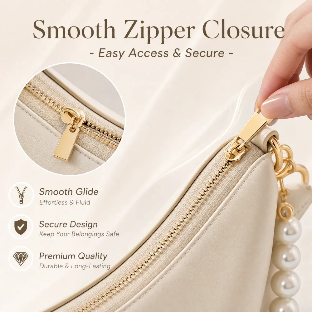 White handbag for women with smooth zipper closure and pearl handle