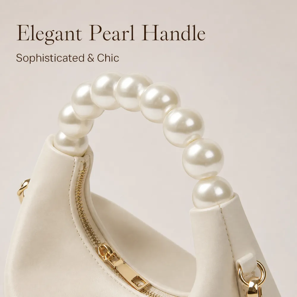 White handbag for women with elegant pearl handle and gold hardware