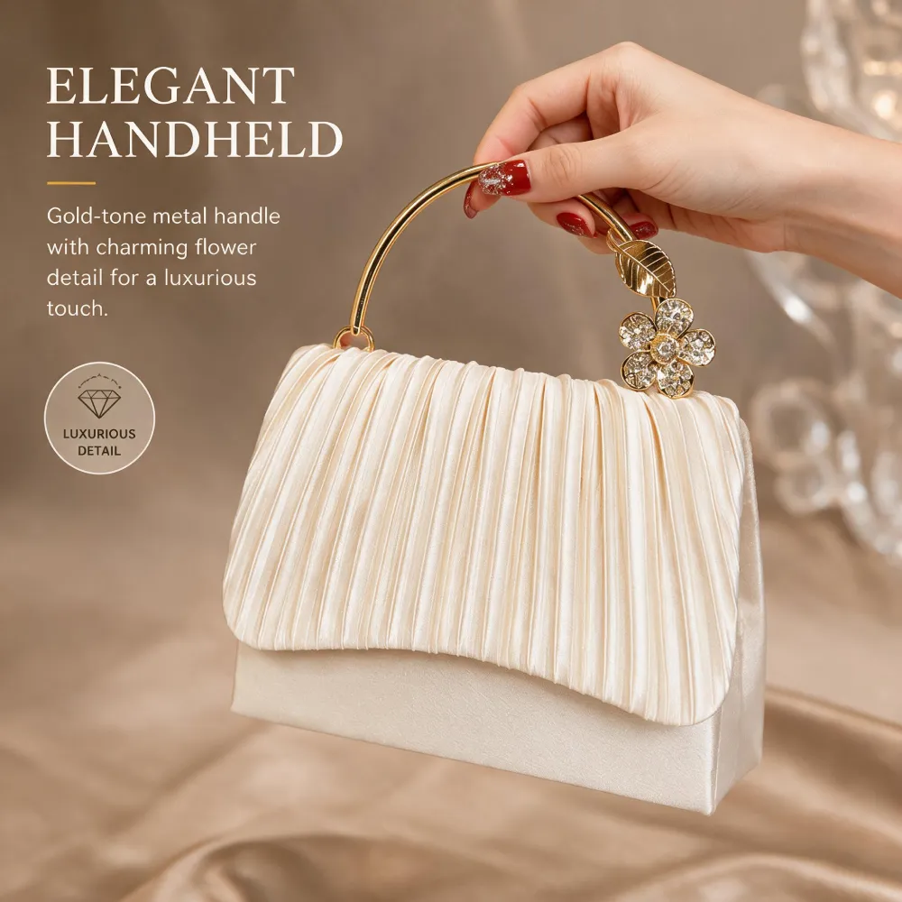 Elegant pleated women handbag with gold-tone handle
